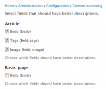 Shows how the administrator can select which fields in which content type to make available for better field descritions.