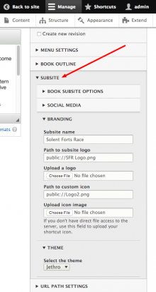 Screen shot of subsite node configuration options