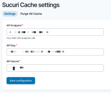 Sucuri cache settings page: tabs for settings or purging all cache, and a form to enter API endpoint, key, and secret.