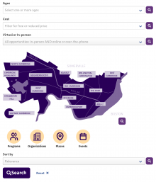 Several dropdown-style select options and a map of Cambridge, Massachusetts neighborhoods.