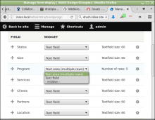 Node fields configuration page showing selecting a text area (multiple lines) for a text field