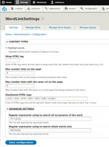 Word links settings page