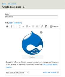Screenshot of the CKEditor 5 WYSIWYG editor enabled through the Editor module.