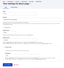 Year field settings with min/max and default values