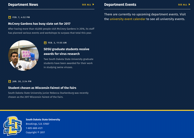 Related Department News and Events displays in the footer