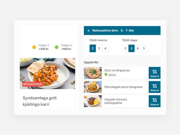 Eldum Rétt screenshot from website showing recipe display options 