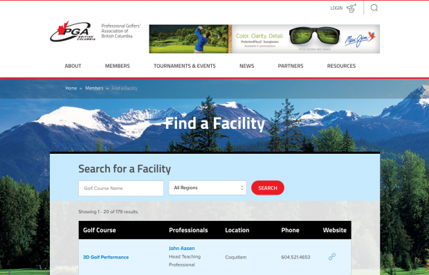 PGA of BC - Find a Facility (screenshot)