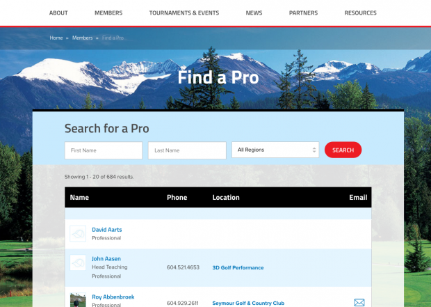 PGA of BC - Find a Pro (screenshot)