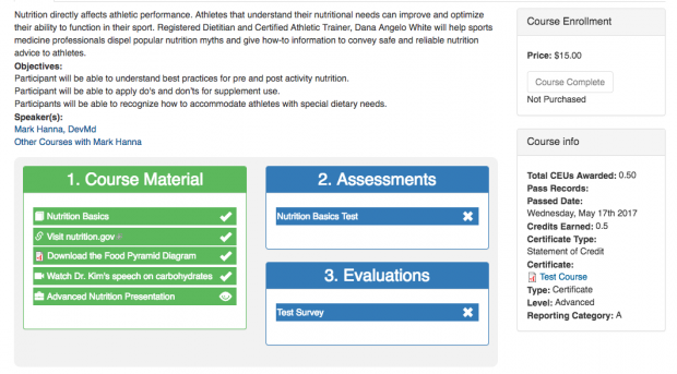 The Course Material Page from NATA's LMS developed by Skvare