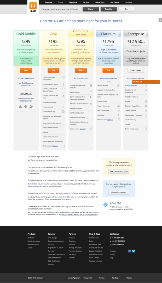 X-Cart plans pricing page