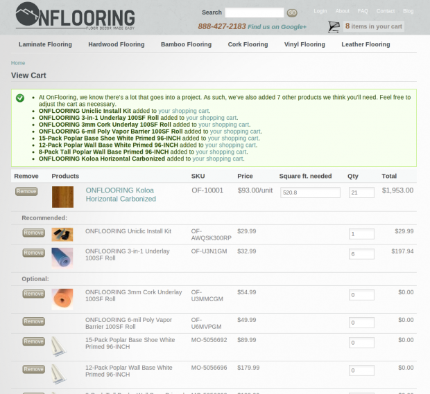 OnFlooring AccuQuote Cart Output