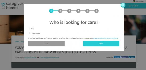 Caregiver Homes popup qualifying widget