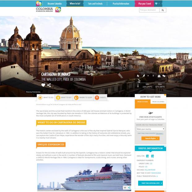 Screenshot Website Colombia travel , photo cartagena de indias, Colombia