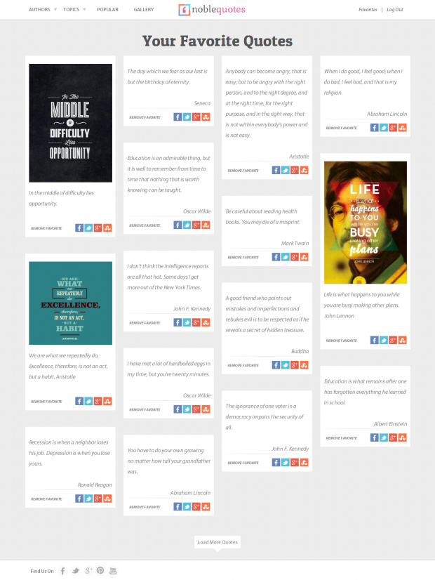 Favorites page (only for authentic users) NobleQuotes.com snapshot of Favorites page.