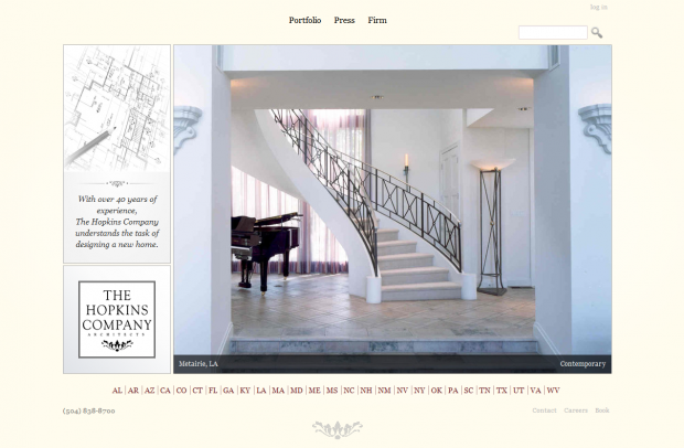The Hopkins Company Architects Homepage featuring a winding staircase and piano.