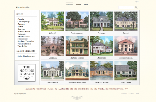 The Portfolio page displaying each style categorization.
