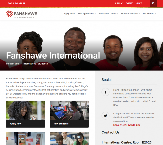 An image of Fanshawe College's international student's page