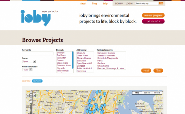 Shows a searchable map of ongoing projects for ioby.org