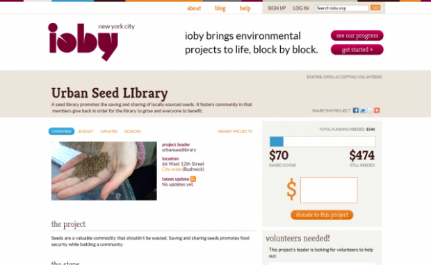 Displays a project for the Urban Seed Library on ioby.org