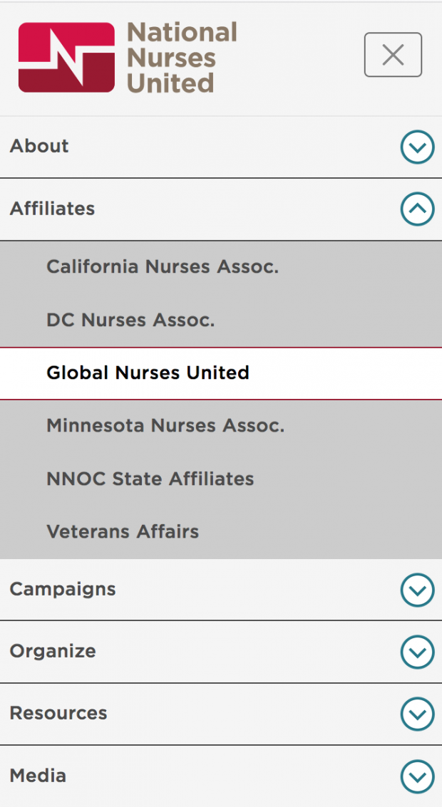 National Nurses United Mobile Sub Level Menu