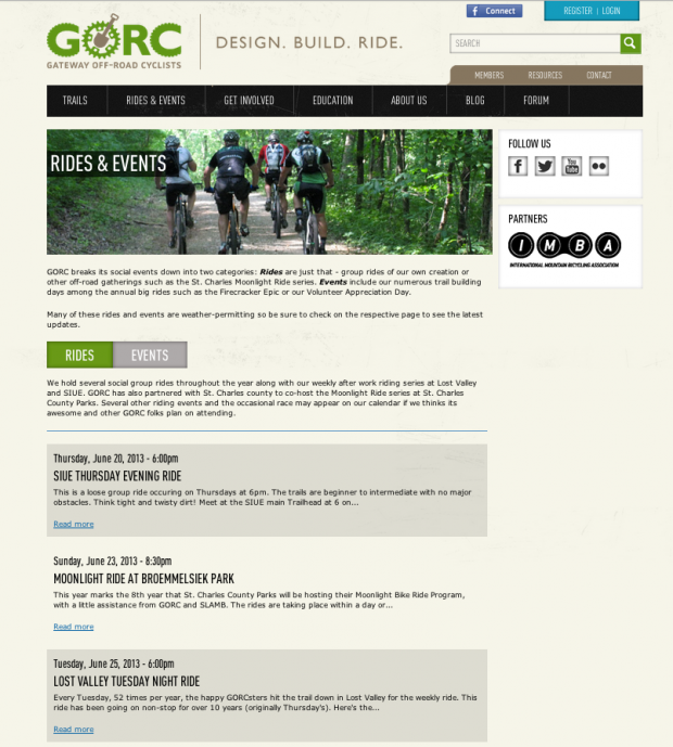 Rides & Events page allows users to easily find GORC social activities by type