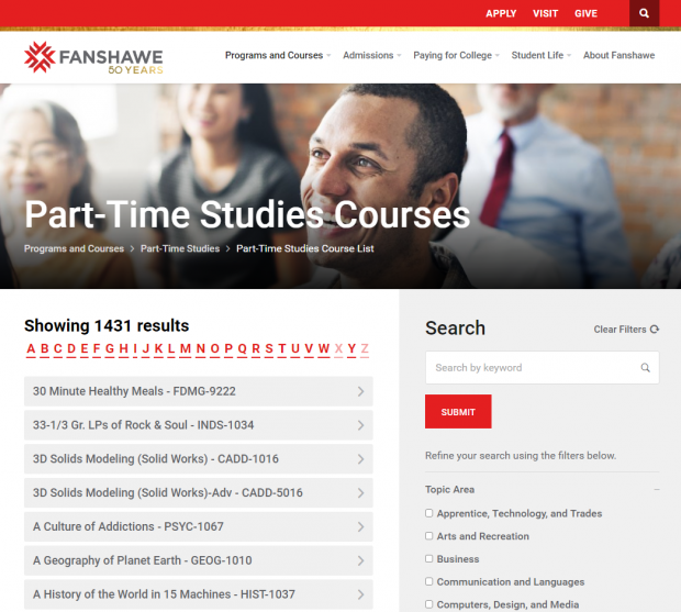 An image showing results from a search of part-time courses, including filtering options.