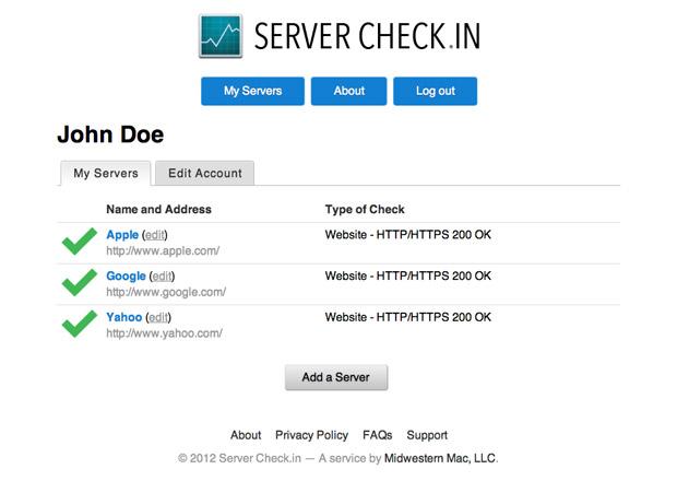 Server Check.in example user homepage