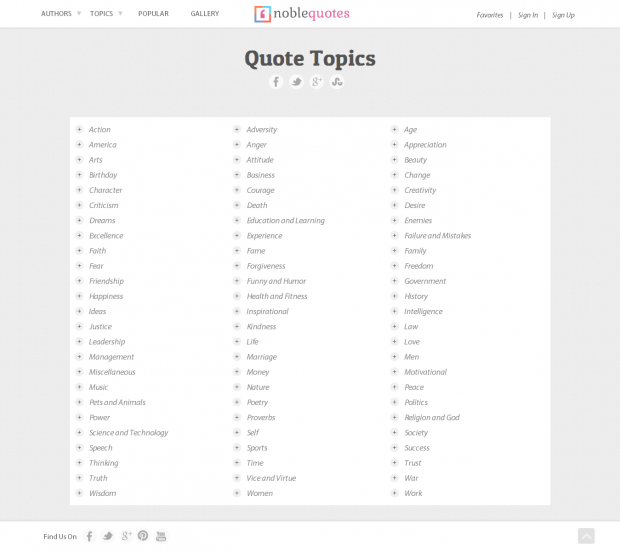 Topics Page NobleQuotes.com snapshot of Topics page.