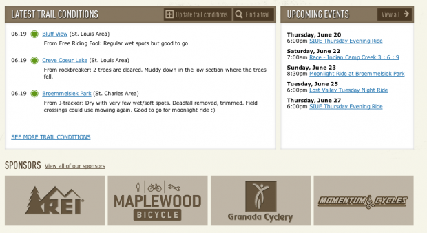 Screenshot of Trail Conditions and Upcoming Events areas