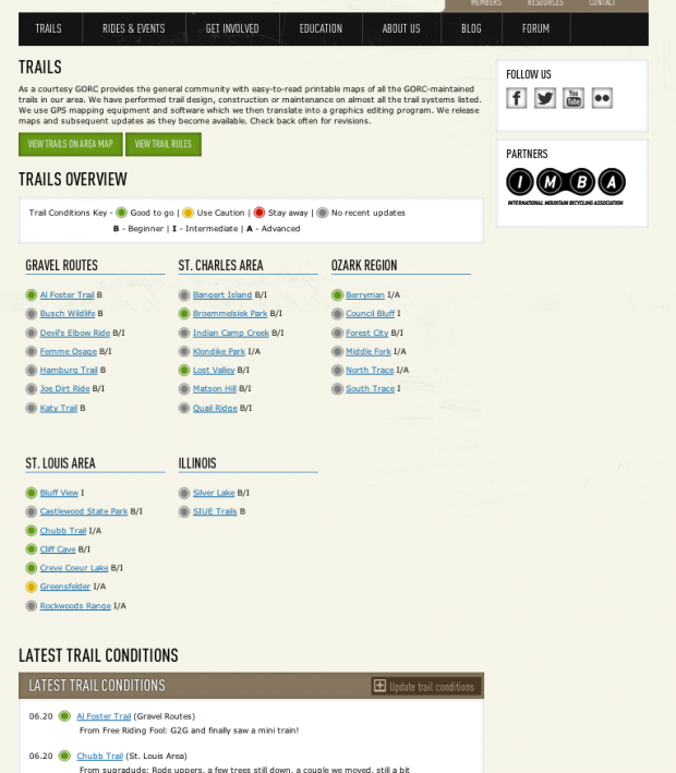 Screenshot of trail overview page with current condition for each trail