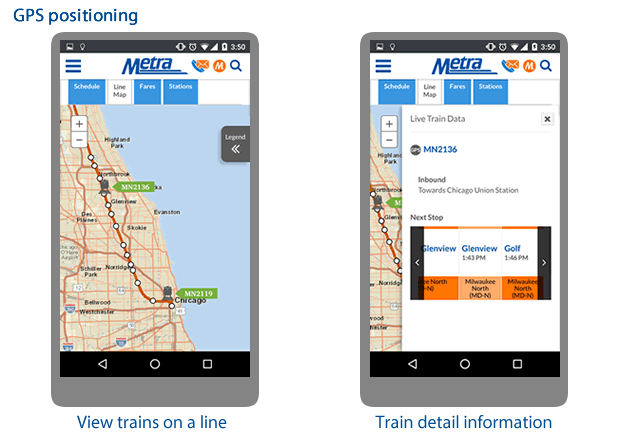 Metra trains in action, showing real-time positions and real-time alerts and updates