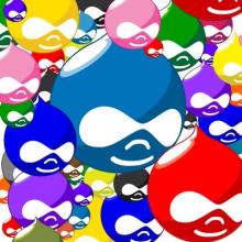 Drupal icons of different shapes and colors.