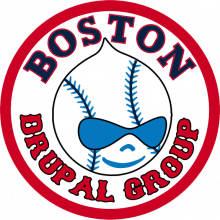 Drupal drop logo with baseball stitching and the words Boston Drupal Group