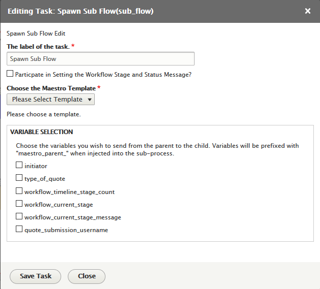 Maestro Spawn Sub Flow Task Edit Options