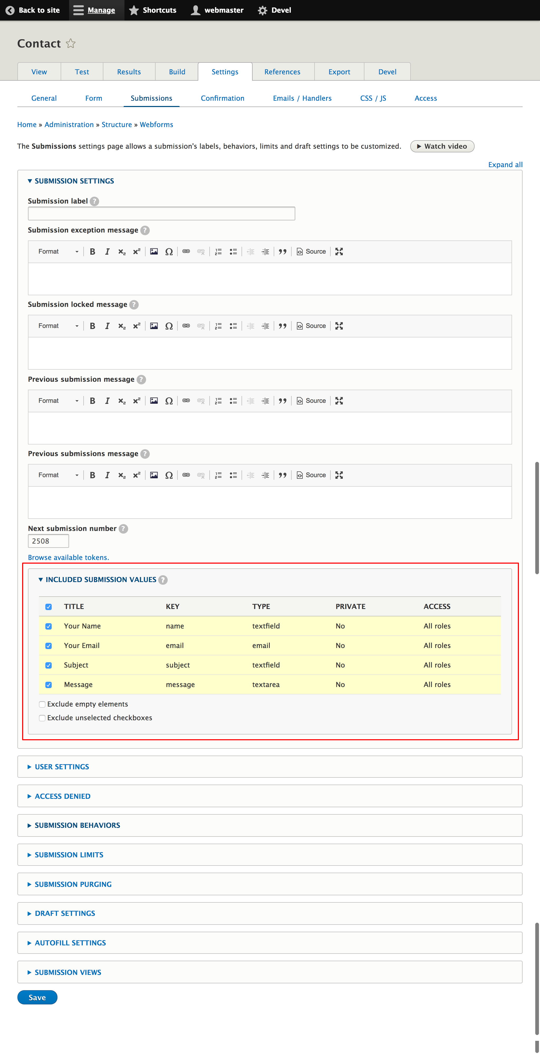 Included submission values settings