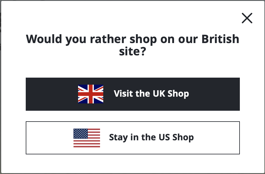 screenshot of the modal dialog asking if you want to go to the UK store