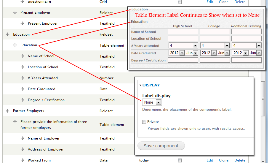 Table Element Label Continues to Show when set to None