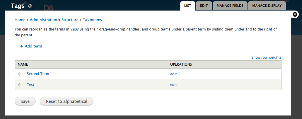 Terms listed for a vocabulary. Missing delete action