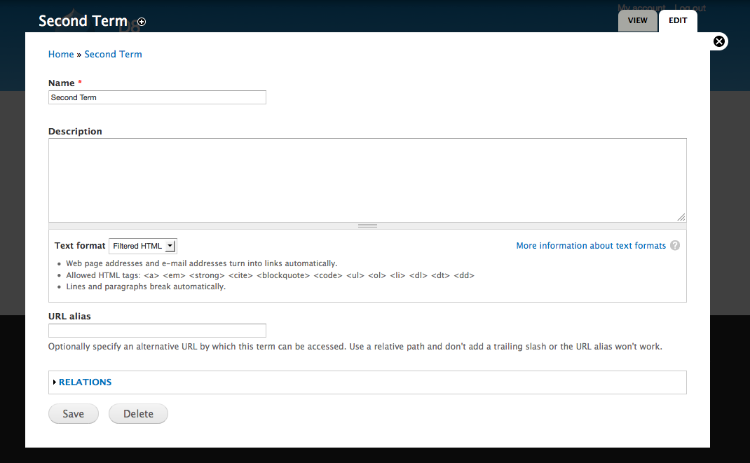 Term edit page. Contains delete button.