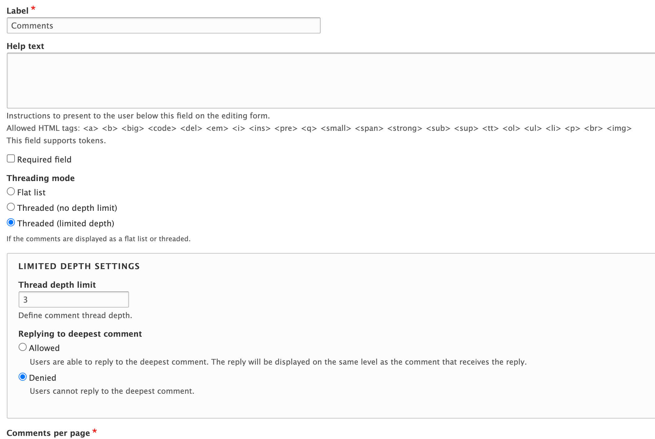 [PP-1] Add thread depth configuration to comments [#2786587] | Drupal.org