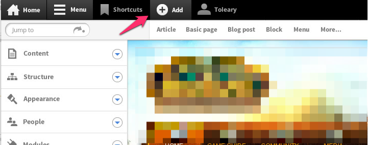 northstar design of the Add tab in the responsive toolbar. A tray is associated with the tab that contains links to add specific content types.