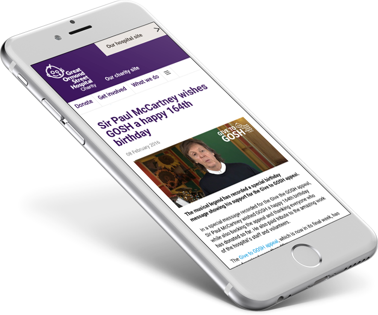 Give to GOSH appeal supported and endorsed by Paul McCartney, as shown on mobile