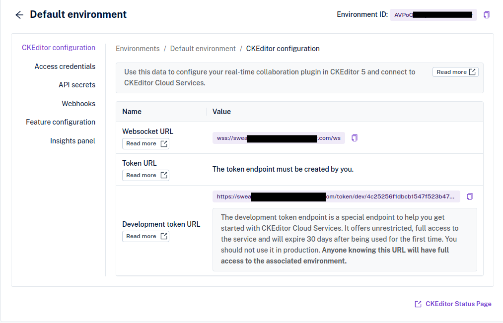 CKEditor configuration in the environment info section