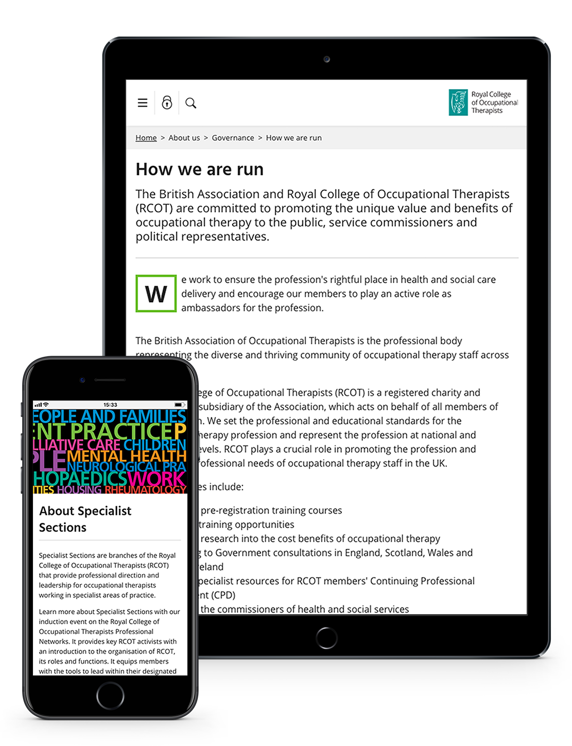 RCOT site on smart phone and tablet devices