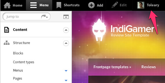 Screen shot of the user module toolbar tab with a small image of the users avatar