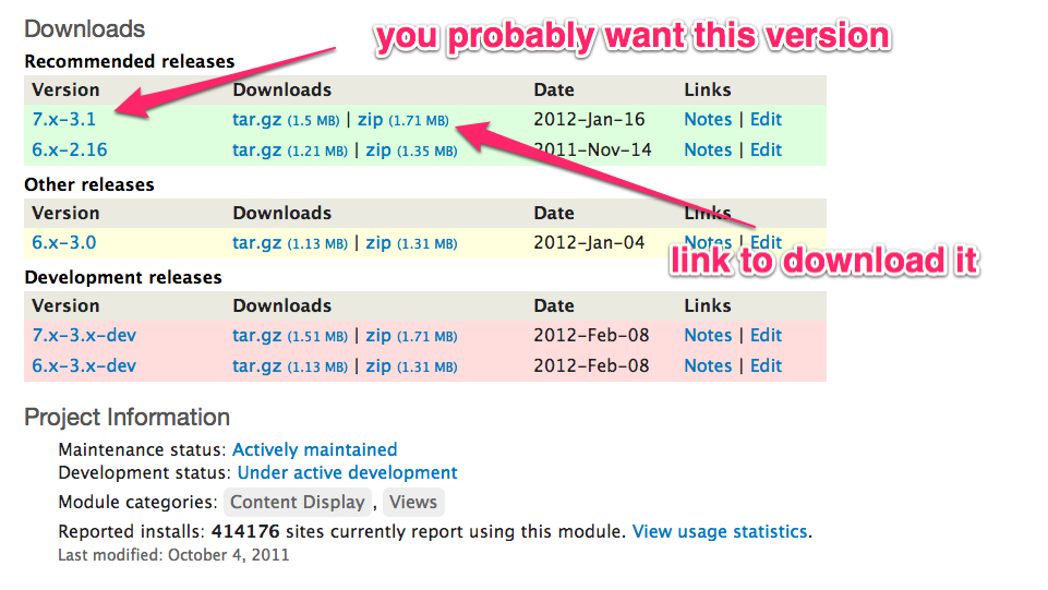 Table of Drupal module versions categorized by 'recommended', 'other', and 'development' versions