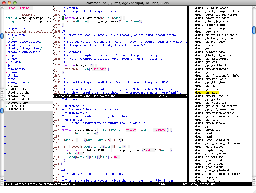 screenshot showing vim with split windows and the NERDTree and Tagbar plugins