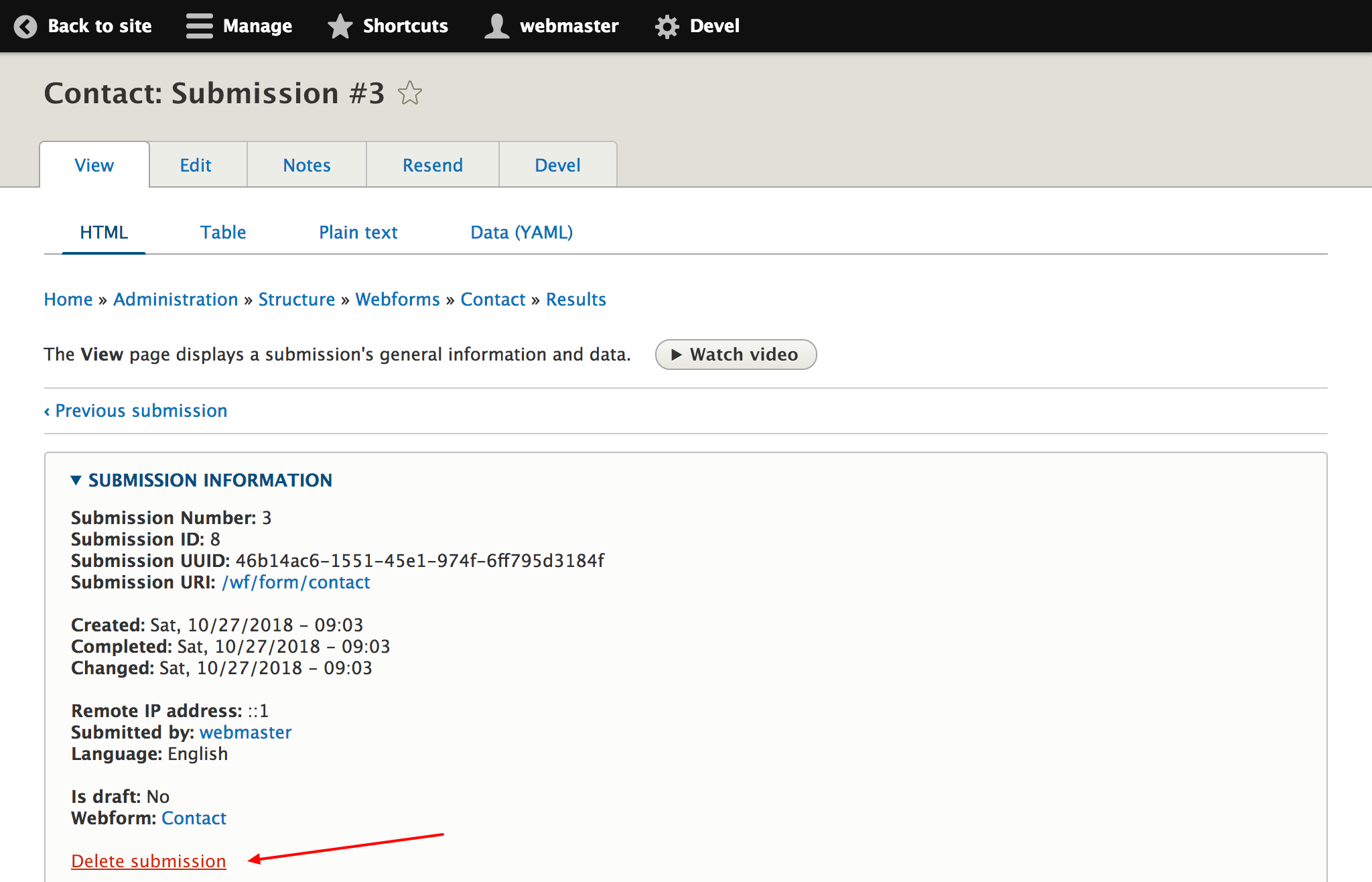 Webformsubmission delete link