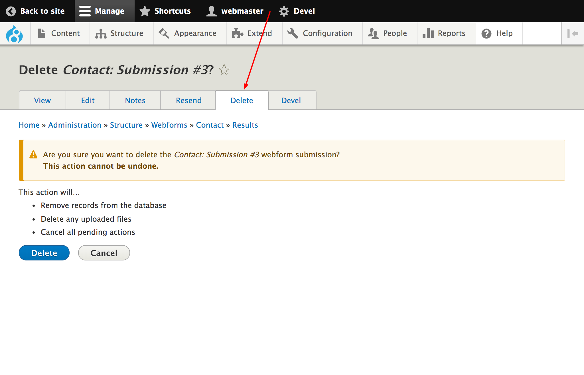 Webformsubmission delete tab