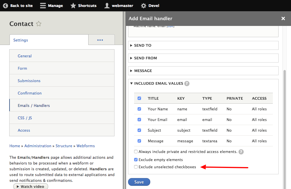 Exclude unselected checkbox from email handler